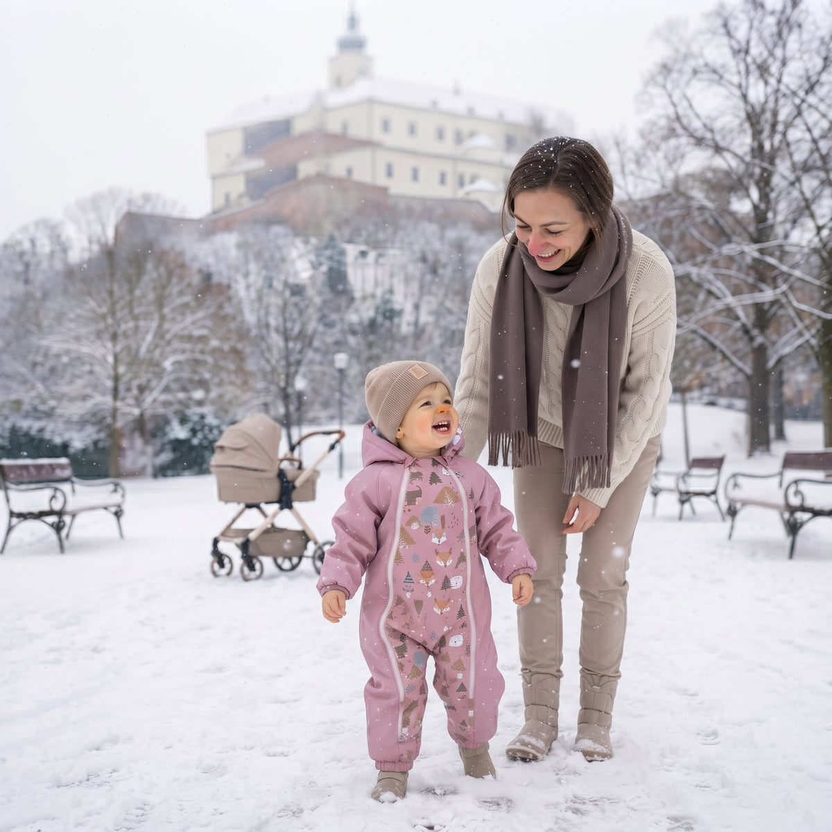 Monkey Mum® Combinaison d’hiver softshell pour enfants avec doublure en mouton - Petit mouton rose dans la forêt - taille 62/68, 74/80