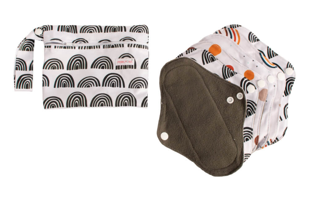 Serviettes menstruelles en tissu à bouton-pression - lot de 6 pcs - Arcs-en-ciel noir et blanc