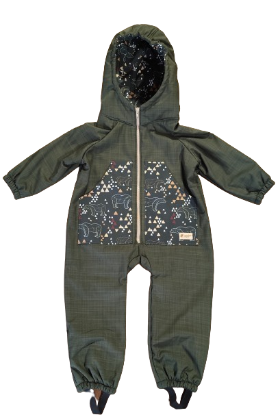 Monkey Mum® Combinaison d’hiver softshell pour enfants avec doublure en mouton - Petit chasseur kaki avec un ours - taille 98/104, 110/116